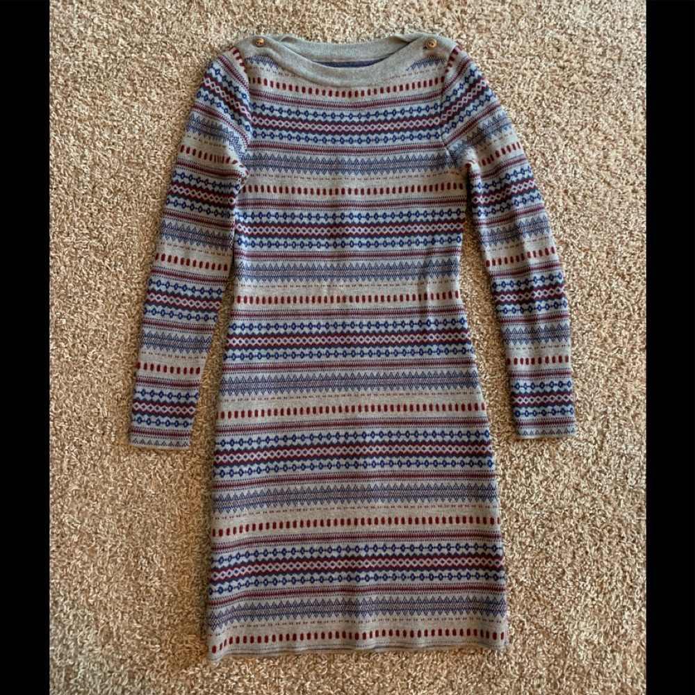 L.L. Bean Gray Fair Isle Long Sleeve Knit Dress